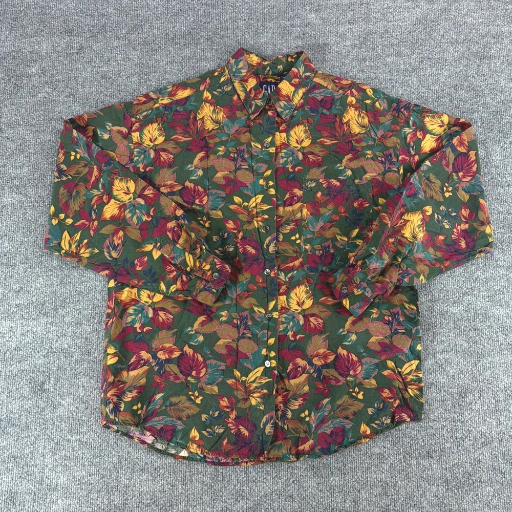 Vintage Gap Womens Rayon Leaf Print‎ Button Down Shirt Green Burgundy Medium